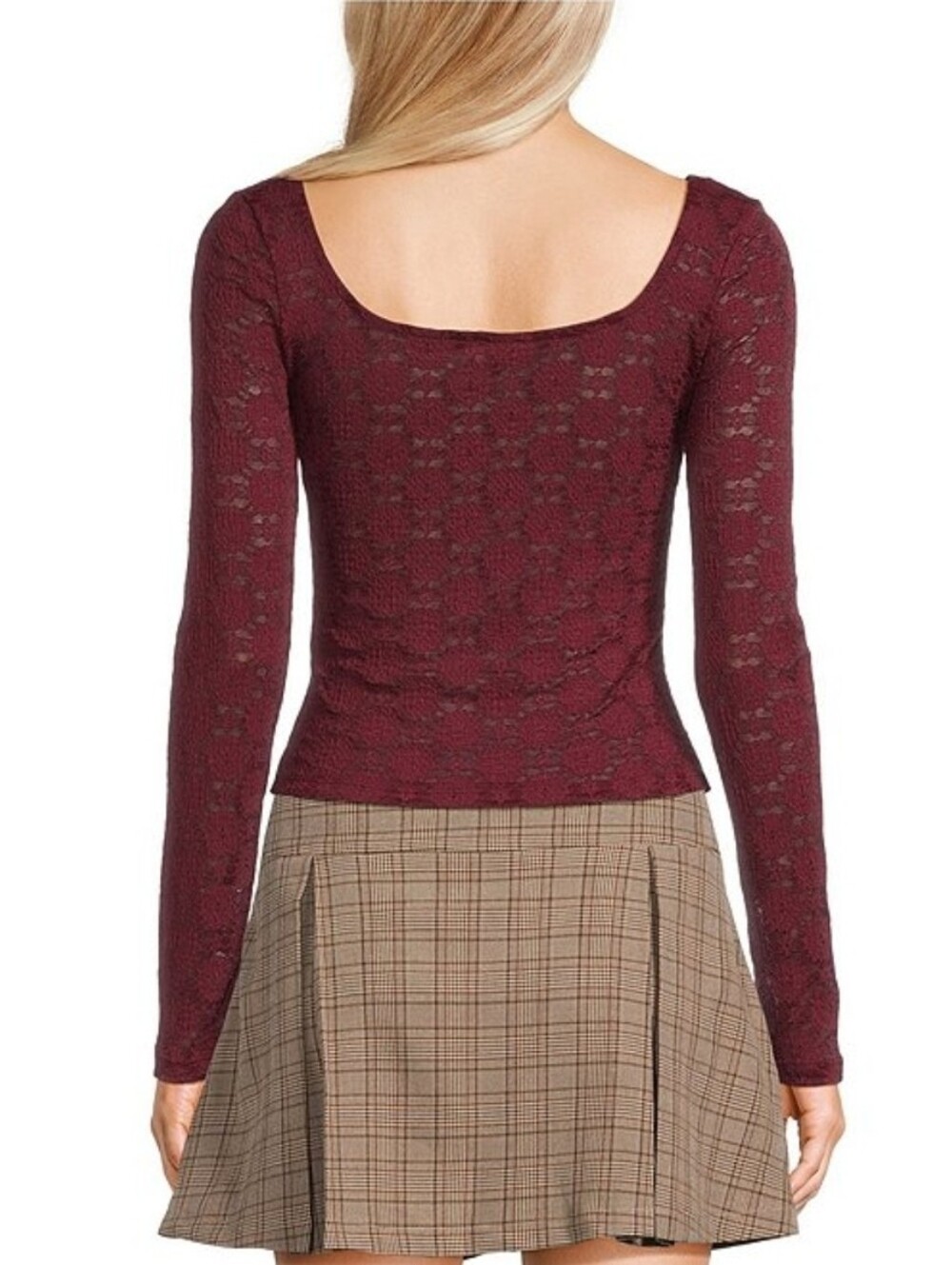 EvolutionaryKnit Lace Scoop Neck Long Sleeve Top, Burgandy, Size Medium - Picture 2 of 5
